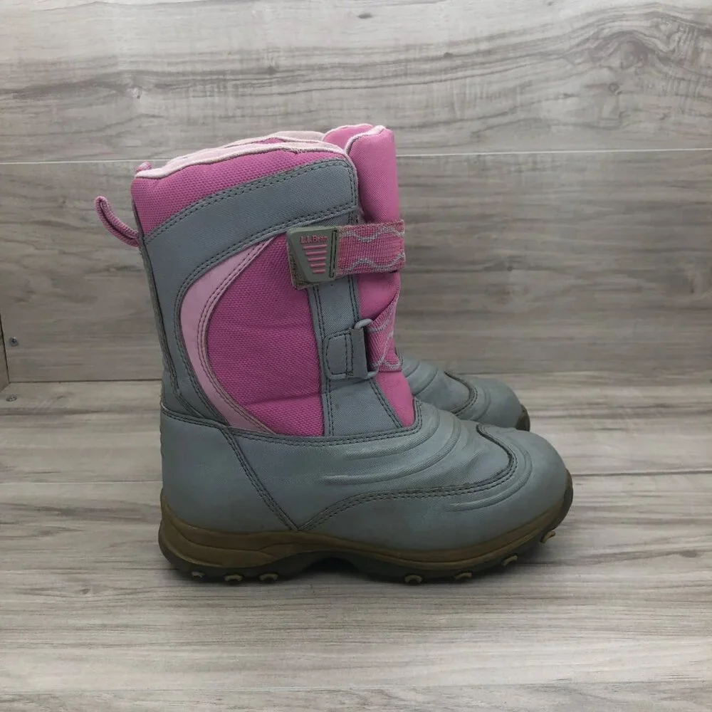 LL Bean Boots Kids Size 1 Pink Gray Insulated Winter Snow Hook and Loop Strap